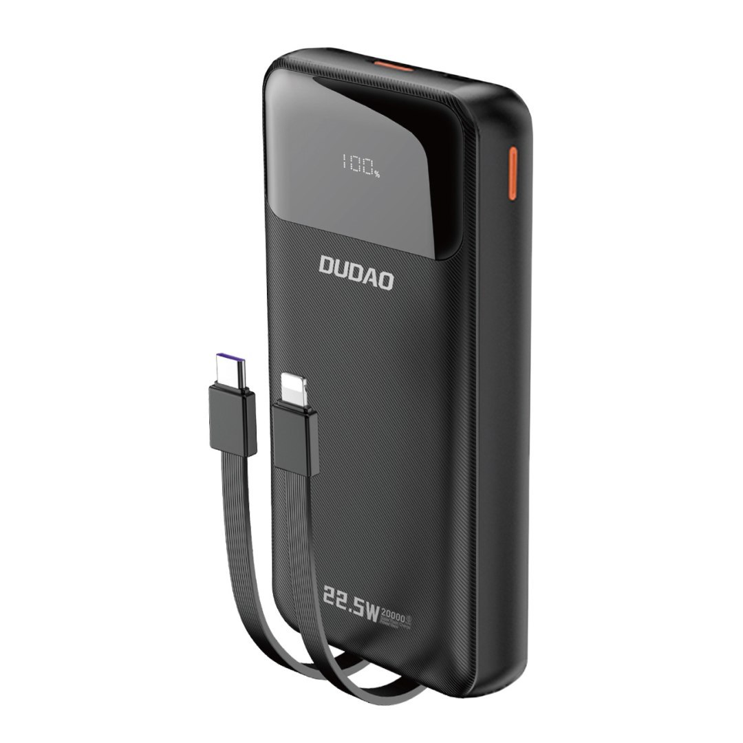 Powerbank 20000mAh 22.5W PD USB-C USB-A z wbudowanymi kablami iPhone Lightning USB-C – czarny