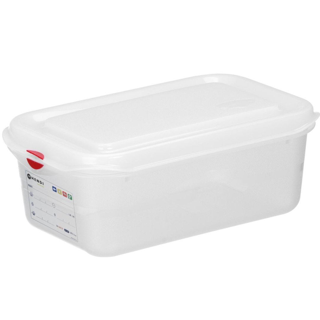 Pojemnik spożywczy GN 1/4 z etykietą pokrywką 2.8 l 265x162x100 mm Pojemnik spożywczy GN 1/4 z etykietą pokrywką 2.8 l 265x162x100 mm