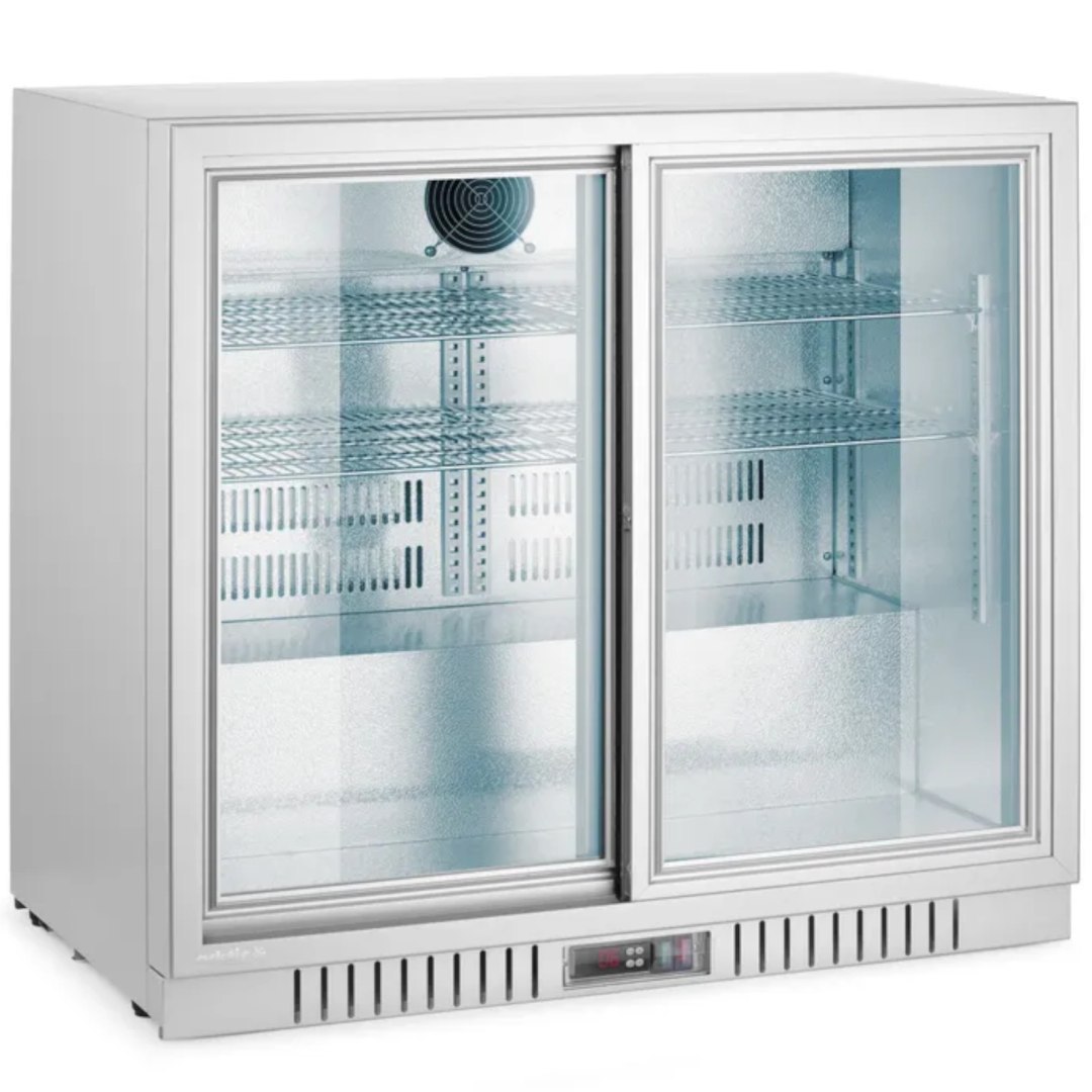 Lodówka chłodziarka barowa z 2 drzwiami suwanymi LED 150 l 160 W 90x52x84 cm – srebrna Lodówka chłodziarka barowa z 2 drzwiami suwanymi LED 150 l 160 W 90x52x84 cm – srebrna