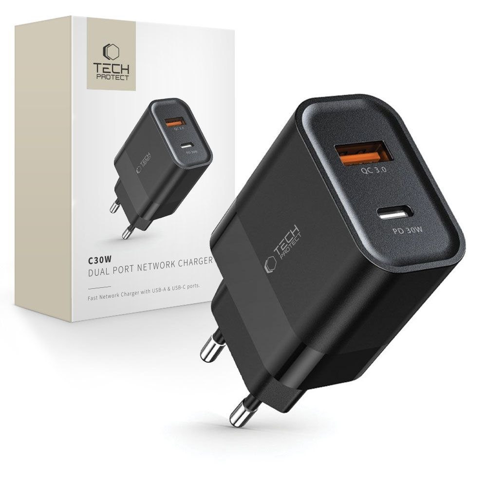 Ładowarka sieciowa C30W USB-C USB-A 30W – czarna Ładowarka sieciowa C30W USB-C USB-A 30W – czarna