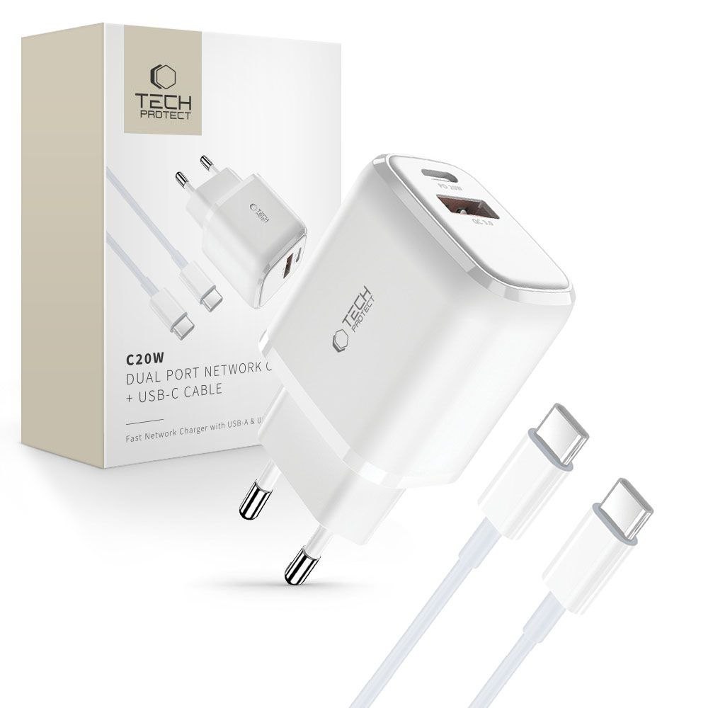 Ładowarka sieciowa C20W USB-C USB-A 20W z kablem USB-C – biała Ładowarka sieciowa C20W USB-C USB-A 20W z kablem USB-C – biała
