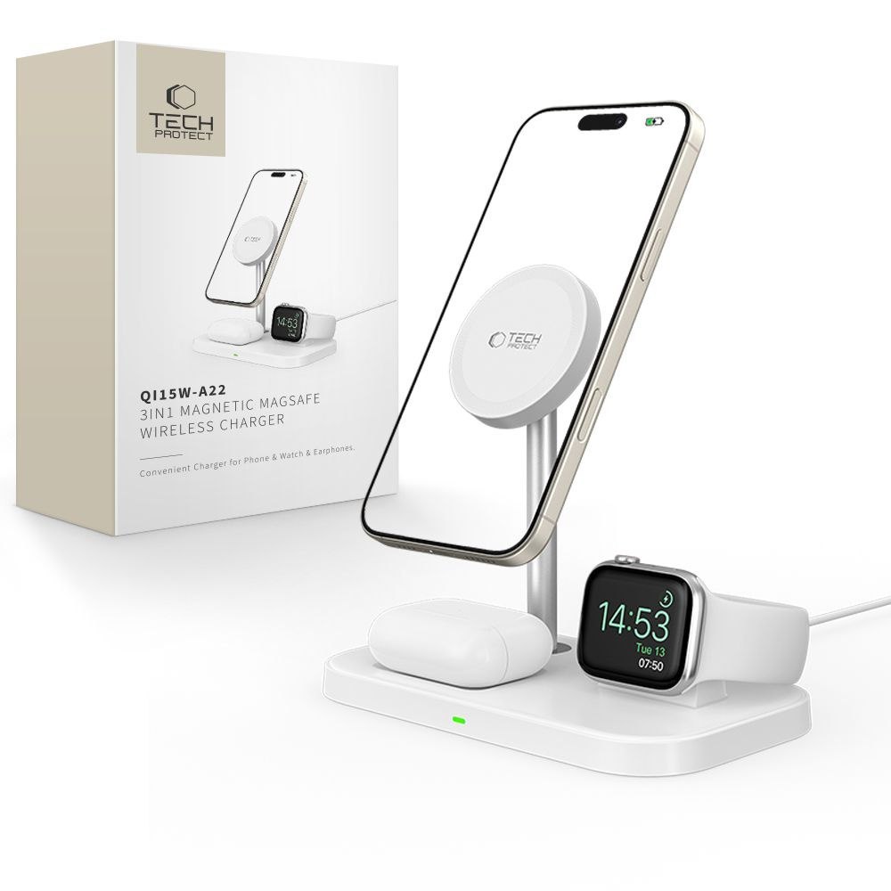 Ładowarka indukcyjna 3w1 ze stojakiem na smartfon Apple Watch AirPods MagSafe – biała