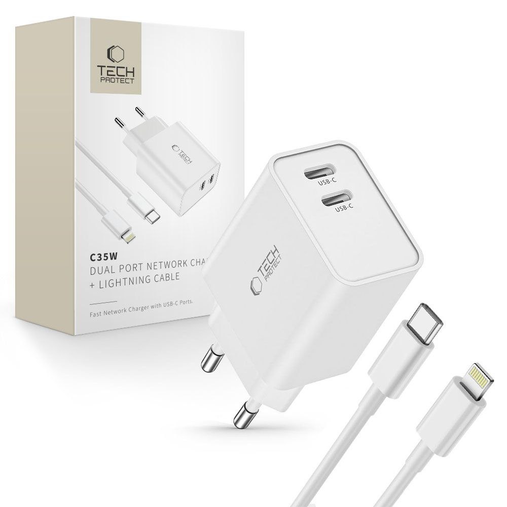 Ładowarka sieciowa C35W 2x USB-C z kablem USB-C – iPhone Lightning – biała Ładowarka sieciowa C35W 2x USB-C z kablem USB-C – iPhone Lightning – biała