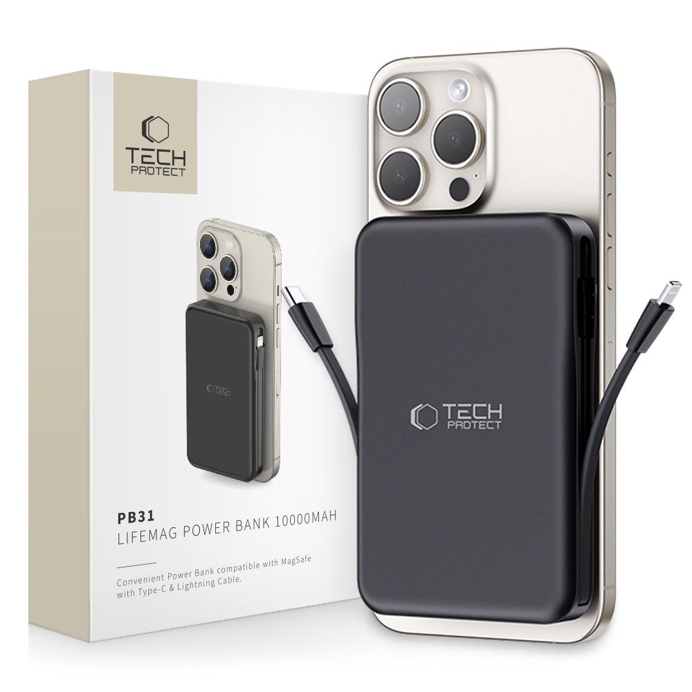 Powerbank magnetyczny PB31 10000mAh 15W MagSafe z kablami USB-C iPhone Lightning – czarny