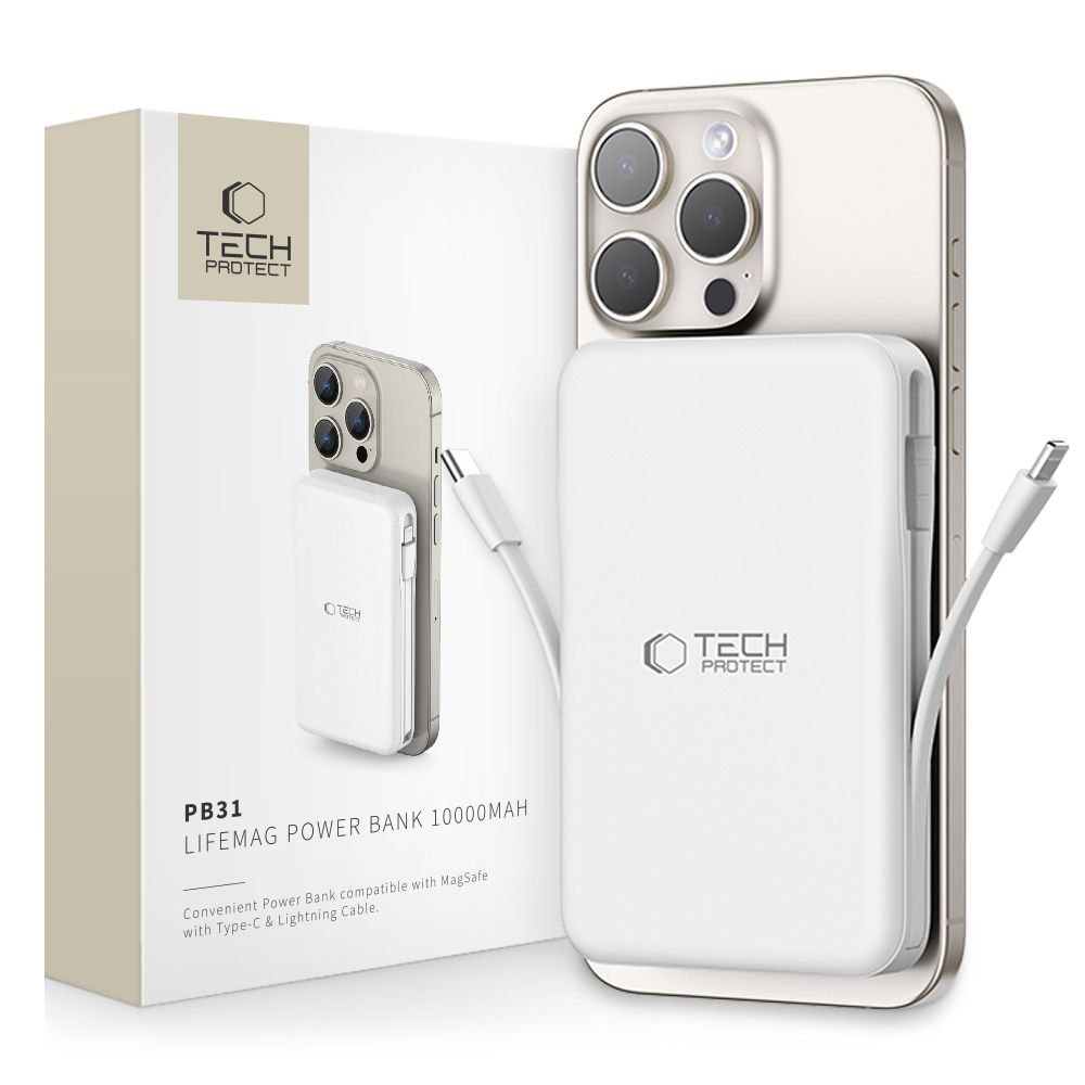 Powerbank magnetyczny PB31 10000mAh 15W MagSafe z kablami USB-C iPhone Lightning – biały