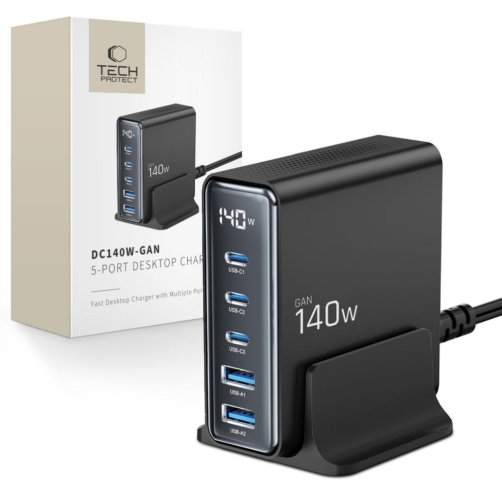 Stacja ładująca do urządzeń z wyświetlaczem 3x USB-C 2x USB-A GaN 140W – czarna Stacja ładująca do urządzeń z wyświetlaczem 3x USB-C 2x USB-A GaN 140W – czarna