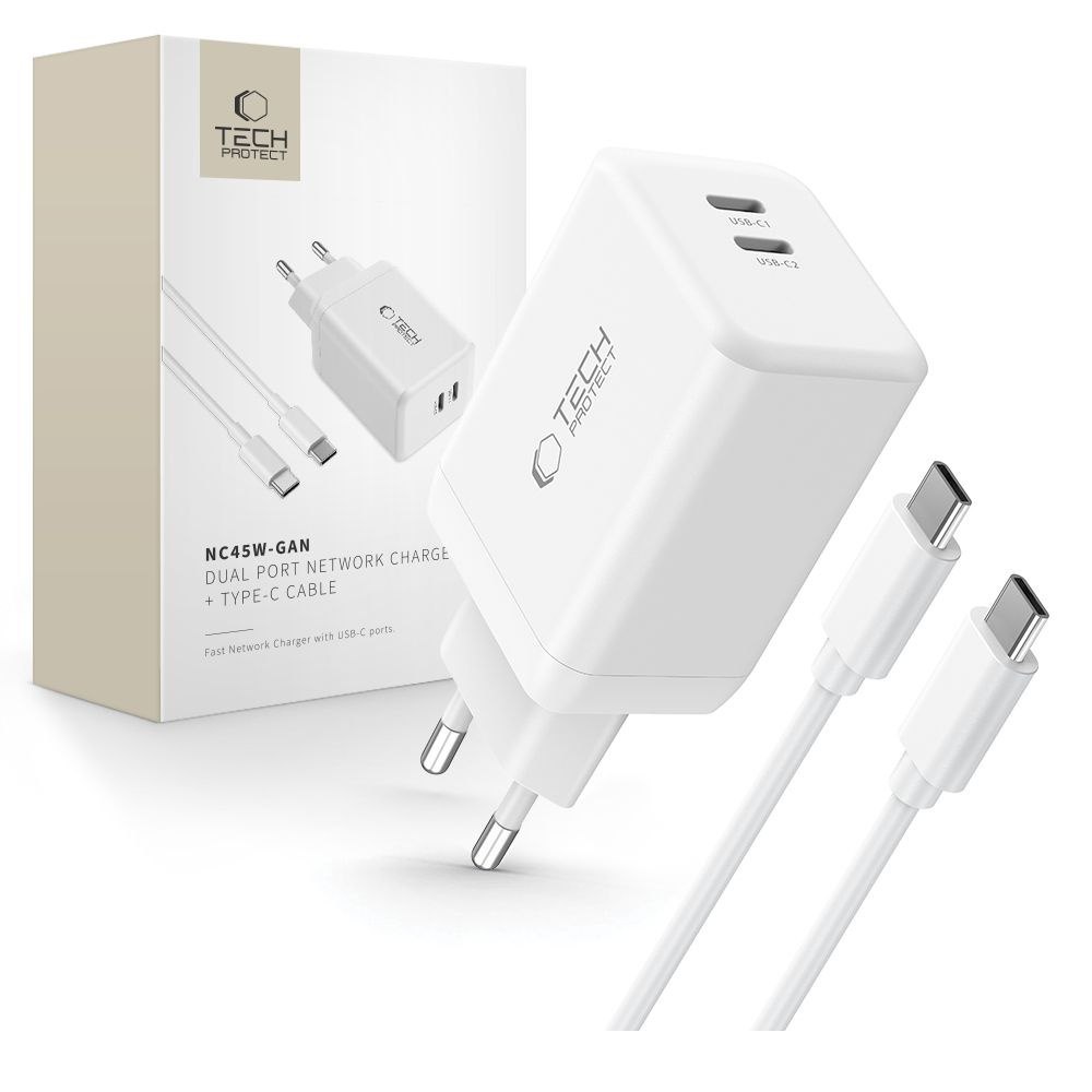 Ładowarka sieciowa NC45W-GAN 2x USB-C 45W z kablem USB-C – biała Ładowarka sieciowa NC45W-GAN 2x USB-C 45W z kablem USB-C – biała