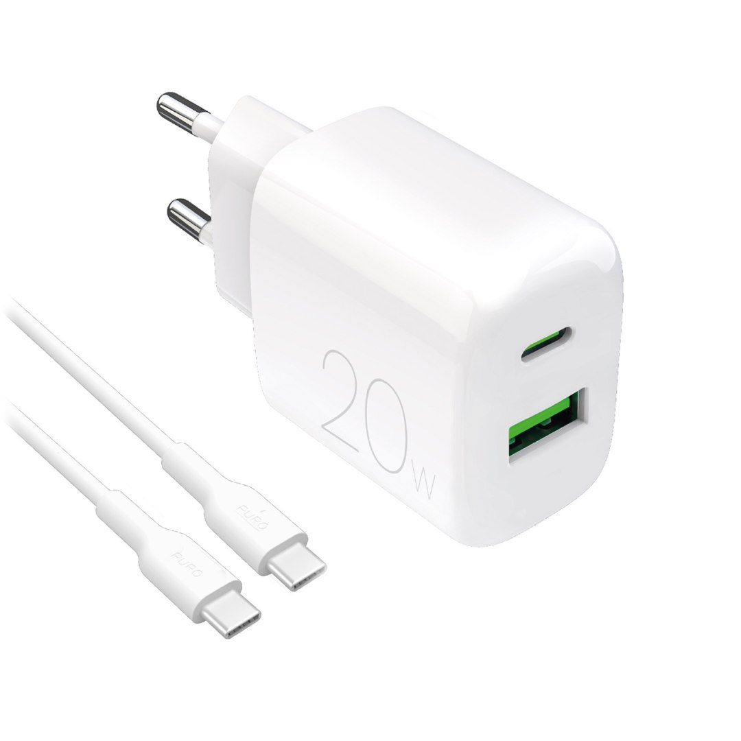 Ładowarka sieciowa USB-A USB-C 20W z kablem USB-C 1.2m – biała