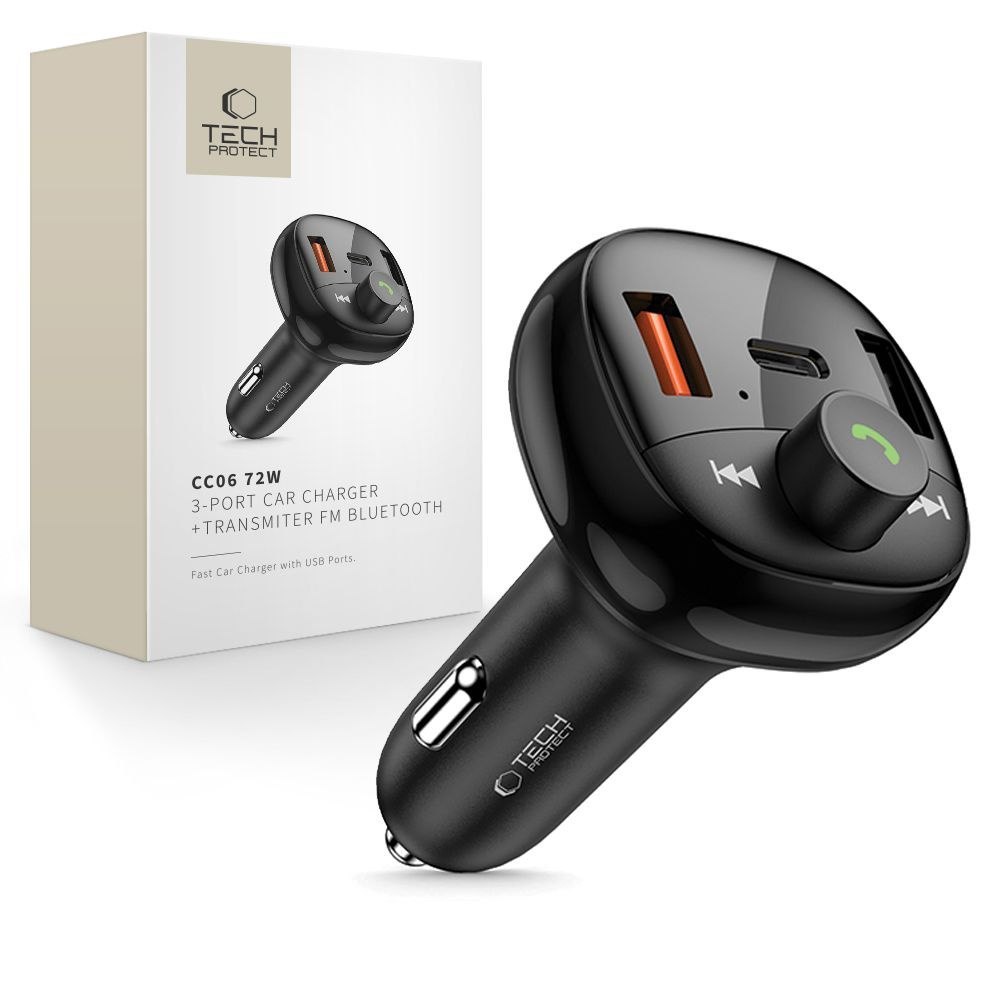 Ładowarka samochodowa z transmiterem USB-A USB-C PD 72W – czarna Ładowarka samochodowa z transmiterem USB-A USB-C PD 72W – czarna