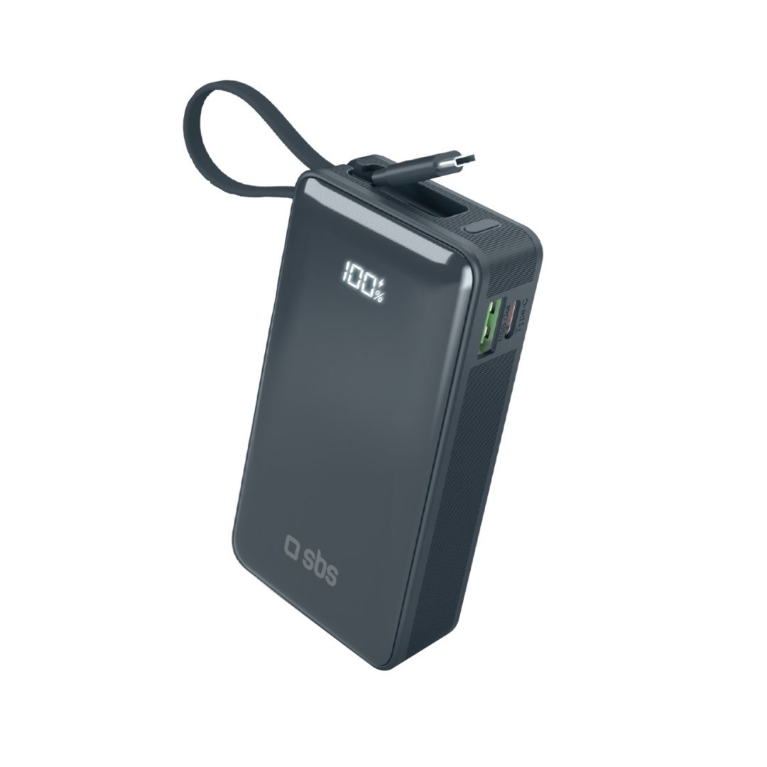 Powerbank 10000mAh USB-A USB-C z wyświetlaczem wbudowanym kablem USB-C 20W – ciemnoszary