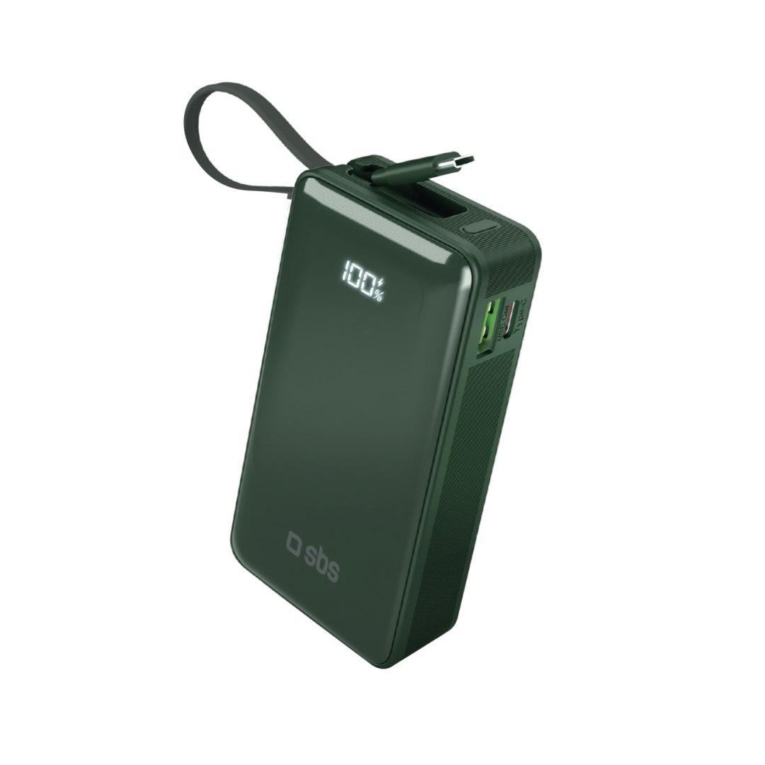Powerbank 10000mAh USB-A USB-C z wyświetlaczem wbudowanym kablem USB-C 20W – zielony Powerbank 10000mAh USB-A USB-C z wyświetlaczem wbudowanym kablem USB-C 20W – zielony