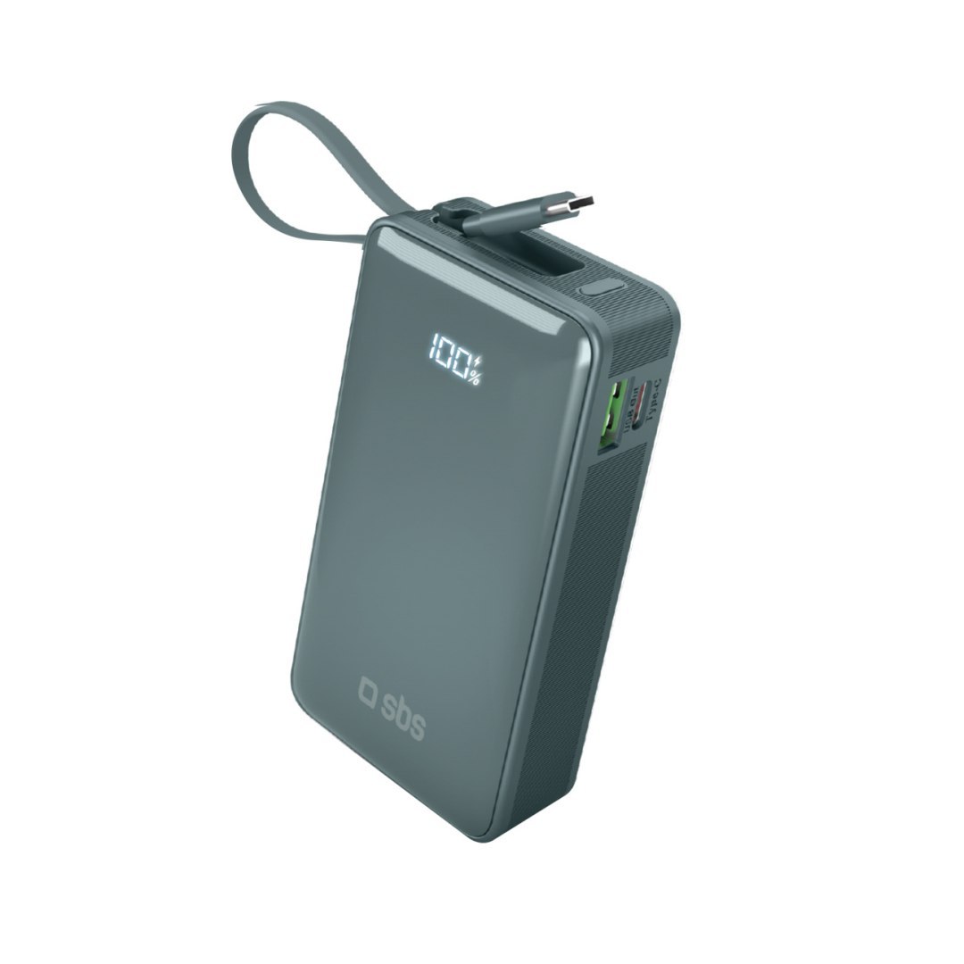 Powerbank 10000mAh USB-A USB-C z wyświetlaczem wbudowanym kablem USB-C 20W – szary Powerbank 10000mAh USB-A USB-C z wyświetlaczem wbudowanym kablem USB-C 20W – szary