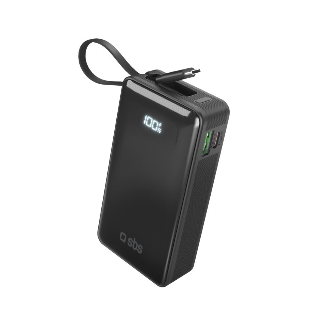 Powerbank 10000mAh USB-A USB-C z wyświetlaczem wbudowanym kablem USB-C 20W – czarny Powerbank 10000mAh USB-A USB-C z wyświetlaczem wbudowanym kablem USB-C 20W – czarny