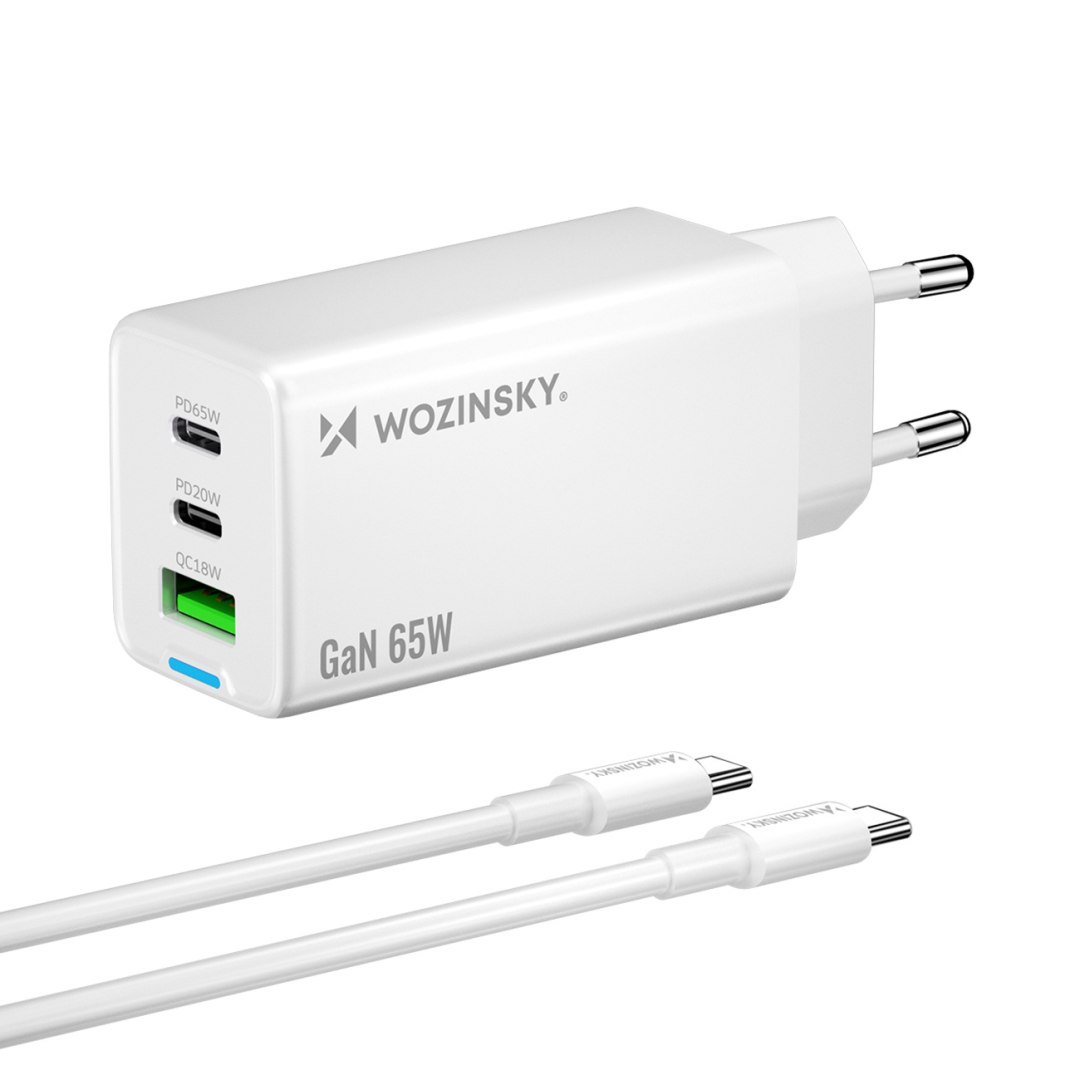 Ładowarka sieciowa GaN USB-A USB-C z kablem USB-C 65W – biała