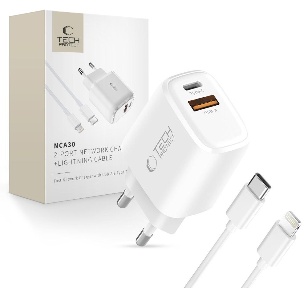 Ładowarka sieciowa NCA30 USB-A USB-C PD QC 30W z kablem USB-C – iPhone Lightning 1m – biała