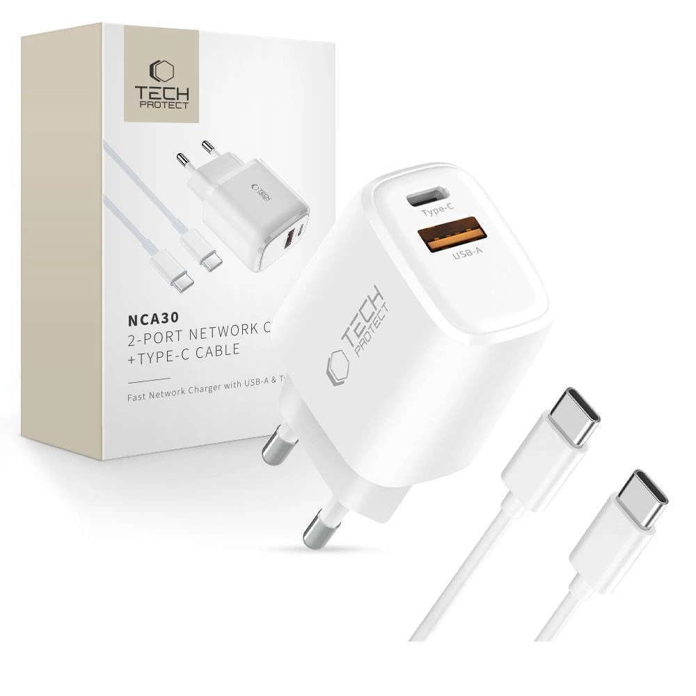 Ładowarka sieciowa NCA30 USB-A USB-C PD QC 30W z kablem USB-C 1m – biała