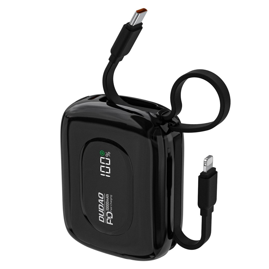Powerbank K32 10000 mAh z wbudowanym kablem USB-C iPhone Lightning 22.5W – czarny Powerbank K32 10000 mAh z wbudowanym kablem USB-C iPhone Lightning 22.5W – czarny