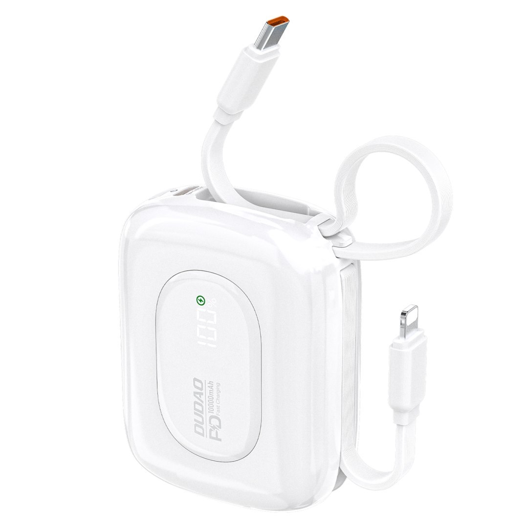 Powerbank K32 10000 mAh z wbudowanym kablem USB-C iPhone Lightning 22.5W – biały Powerbank K32 10000 mAh z wbudowanym kablem USB-C iPhone Lightning 22.5W – biały