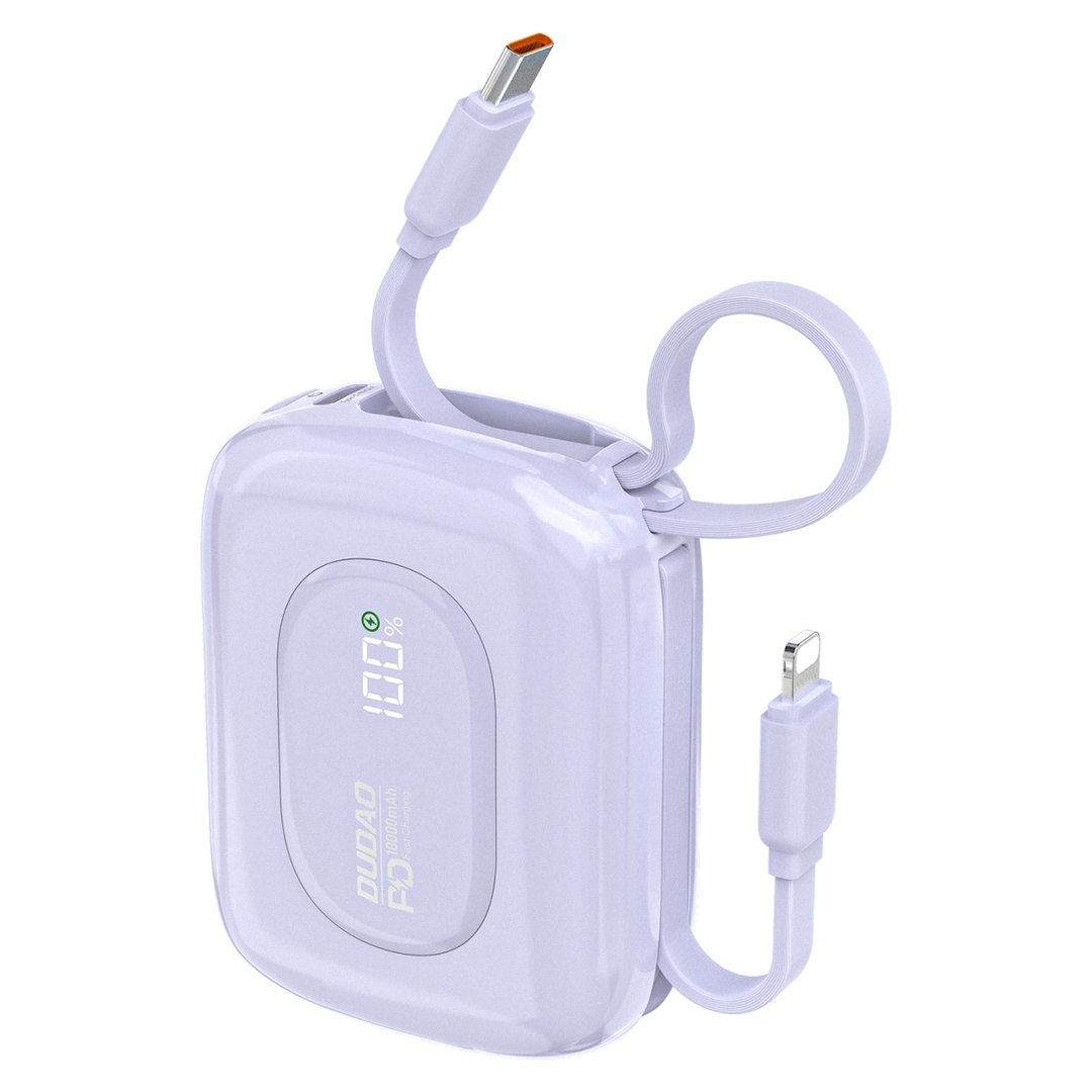 Powerbank K32 10000 mAh z wbudowanym kablem USB-C iPhone Lightning 22.5W – fioletowy