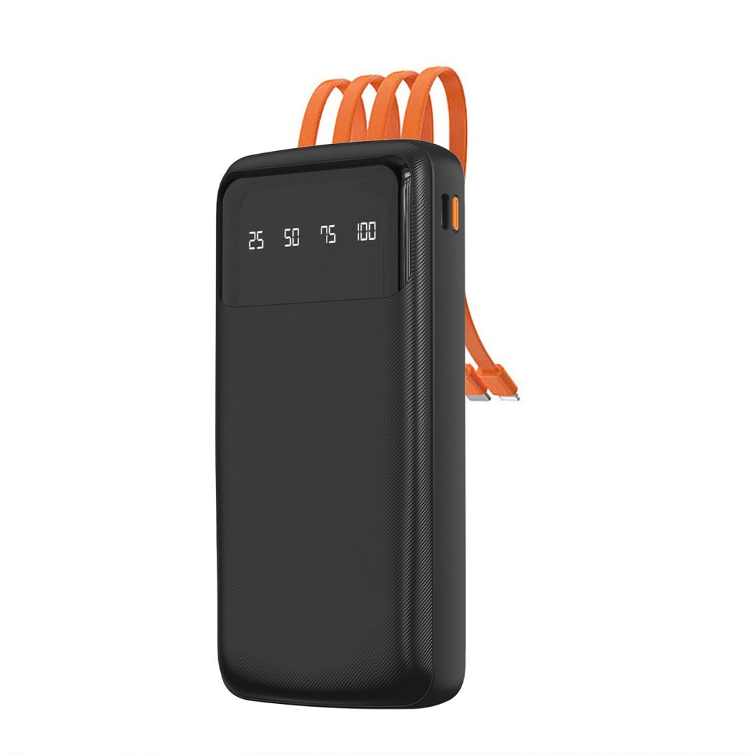 Powerbank K6Pro 10000mAh z wbudowanymi kablami USB-C microUSB iPhone Lightning – czarny Powerbank K6Pro 10000mAh z wbudowanymi kablami USB-C microUSB iPhone Lightning – czarny