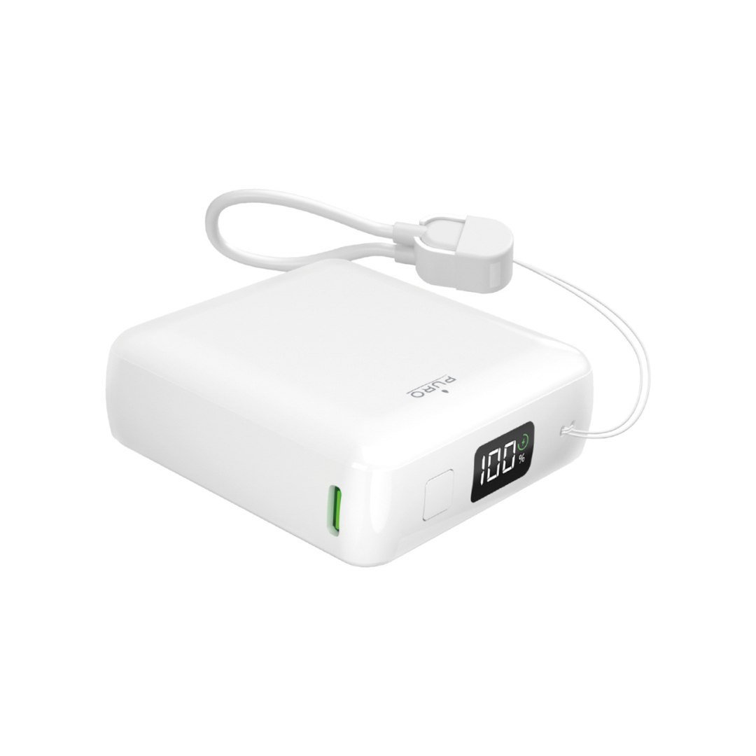 Powerbank 10000mAh USB-A USB-C z wyświetlaczem wbudowanym kablem USB-C 20W – biały Powerbank 10000mAh USB-A USB-C z wyświetlaczem wbudowanym kablem USB-C 20W – biały