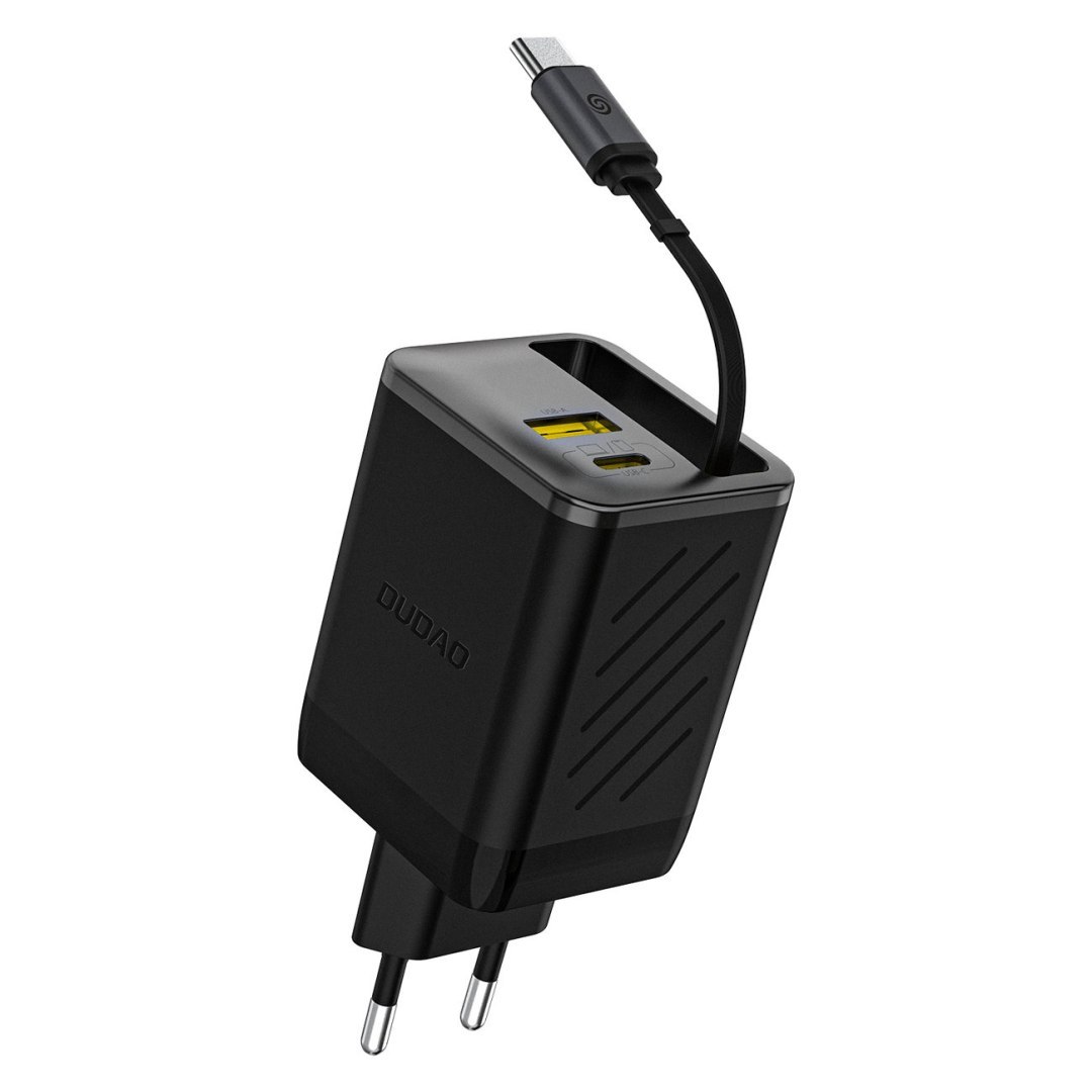 Ładowarka sieciowa USB-A USB-C GaN 67W z kablem zwijanym USB-C PD QC – czarna