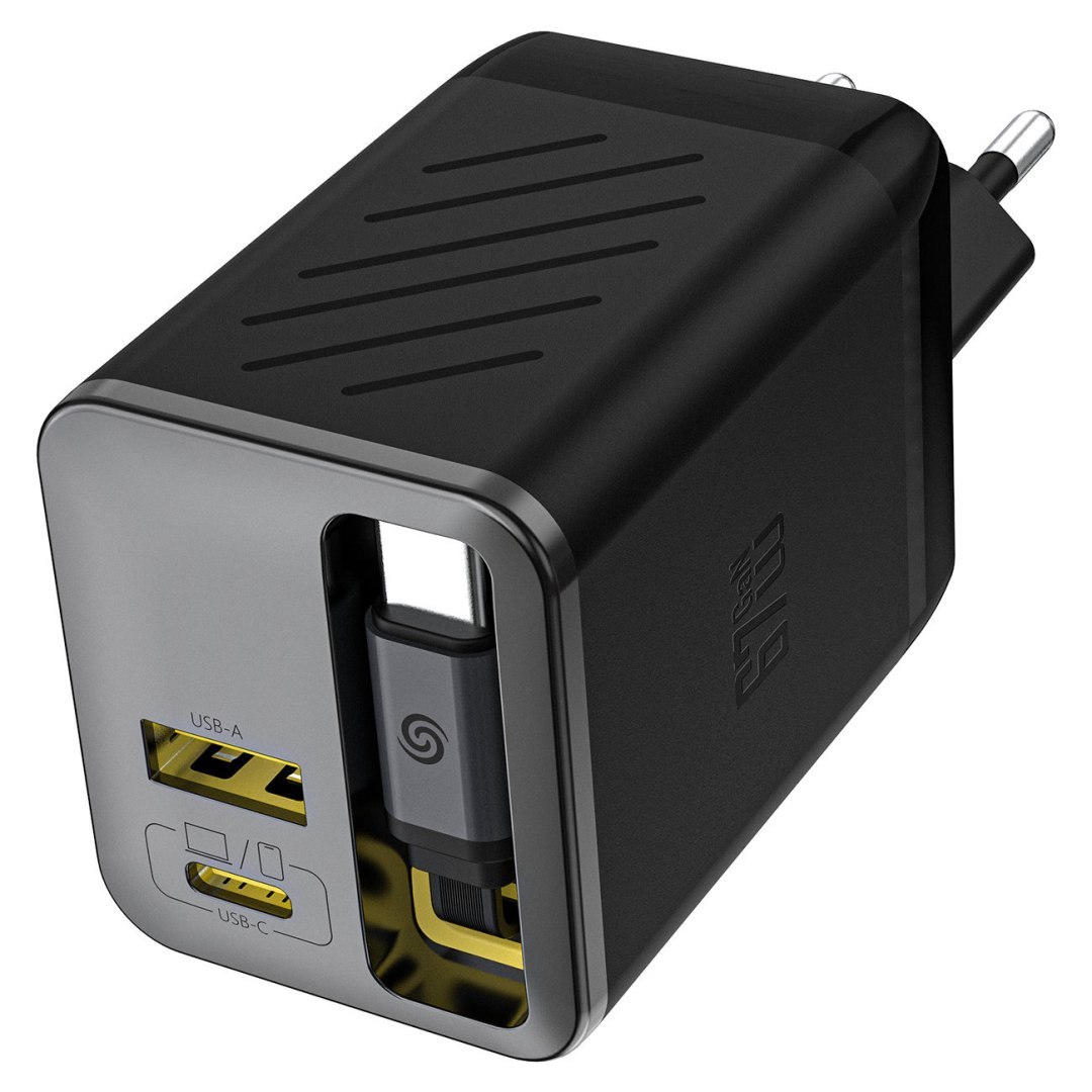 Ładowarka sieciowa USB-A USB-C GaN 67W z kablem zwijanym USB-C PD QC – czarna Ładowarka sieciowa USB-A USB-C GaN 67W z kablem zwijanym USB-C PD QC – czarna