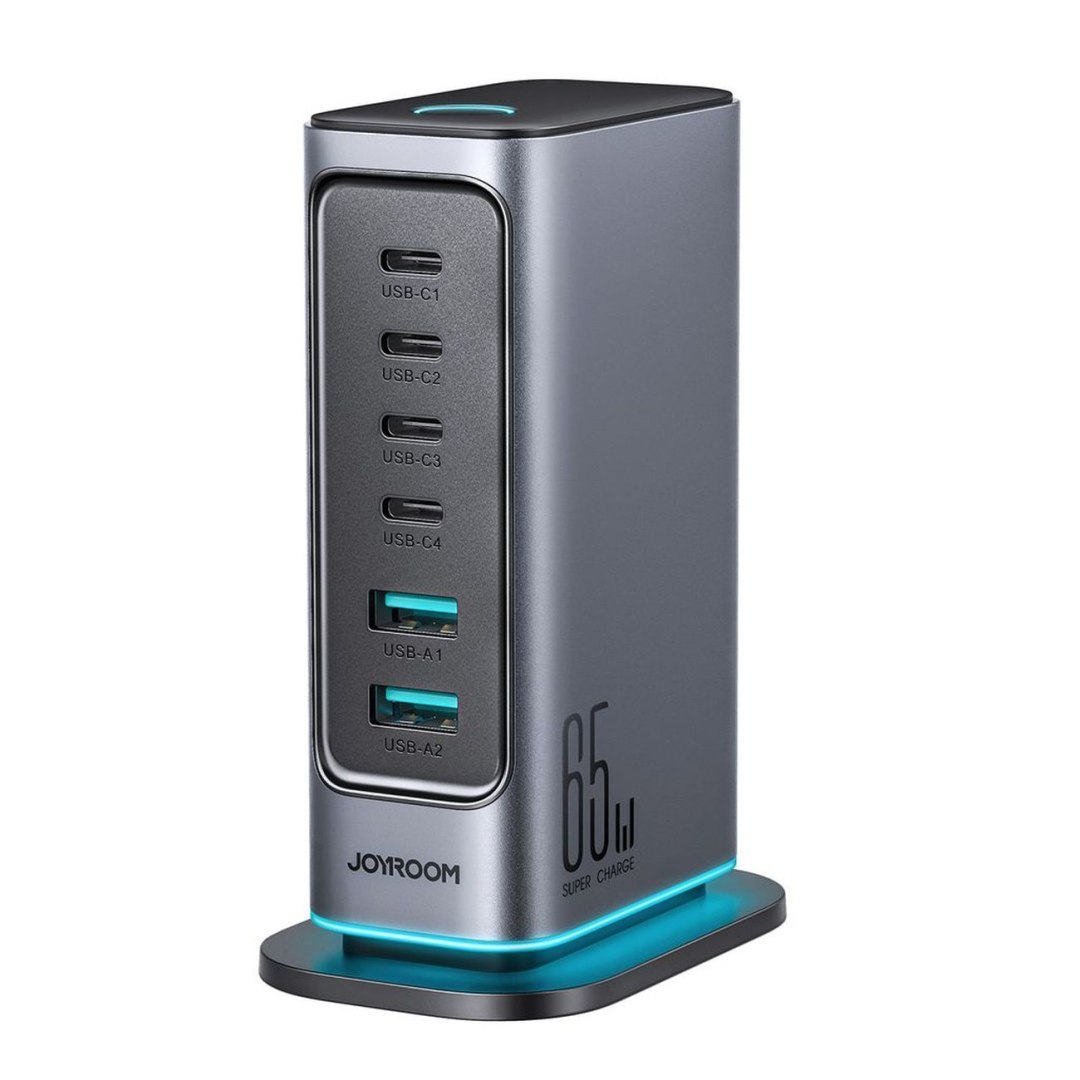 Stacja ładująca JR-TCM02 2x USB-A 4x USB-C GaN 65W wtyczka UK – szara