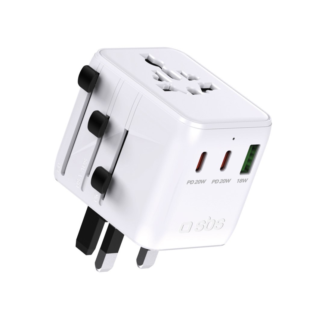 Adapter podróżny sieciowy USB-C USB-A EU UK US AUS JP – biały