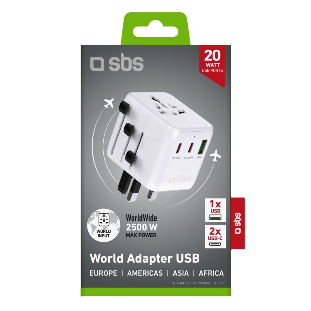 Adapter podróżny sieciowy USB-C USB-A EU UK US AUS JP – biały
