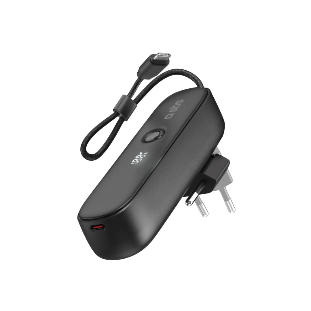 Powerbank 5000mAh z wbudowanym kablem składaną wtyczką PD 20W – czarny Powerbank 5000mAh z wbudowanym kablem składaną wtyczką PD 20W – czarny