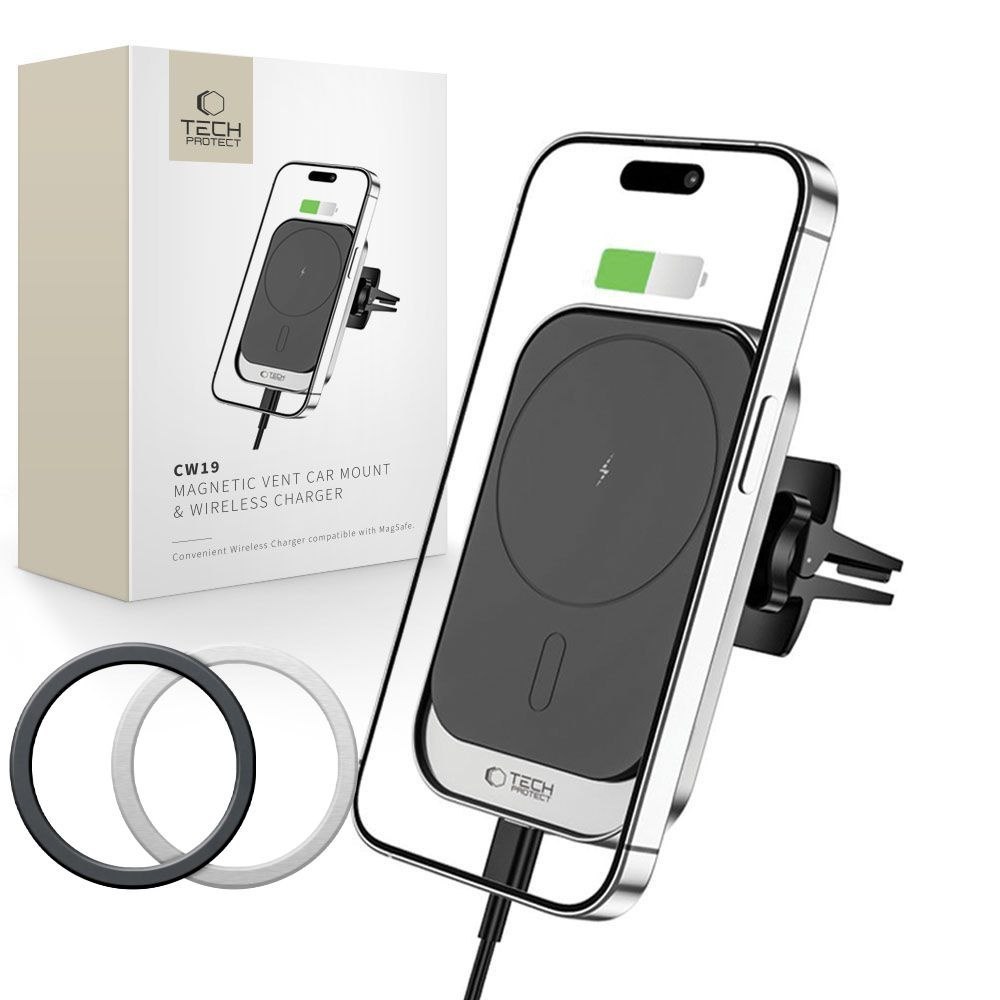 Uchwyt samochodowy magnetyczny na smartfona CW19 z ładowarką na kratkę MagSafe 15W – czarny
