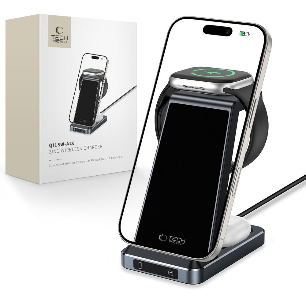 Ładowarka indukcyjna 3w1 na smartfon słuchawki Apple Watch 15W – czarna