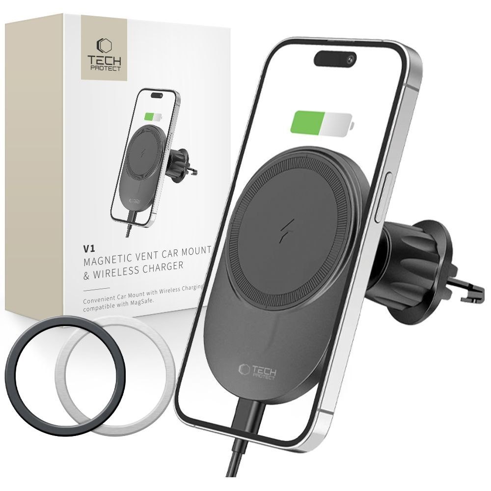 Uchwyt samochodowy z ładowarką do smartfona na kratkę nawiewu MagSafe 15W – czarny Uchwyt samochodowy z ładowarką do smartfona na kratkę nawiewu MagSafe 15W – czarny