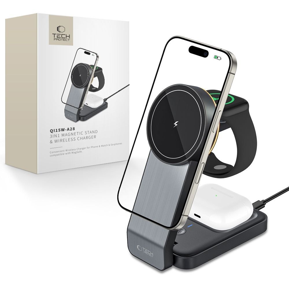 Ładowarka indukcyjna 3w1 ze stojakiem na smartfon Apple Watch AirPods MagSafe – czarna