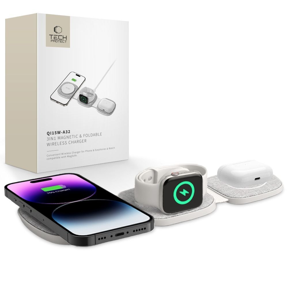 Ładowarka indukcyjna 3w1 na smartfon Apple Watch AirPods MagSafe – szara