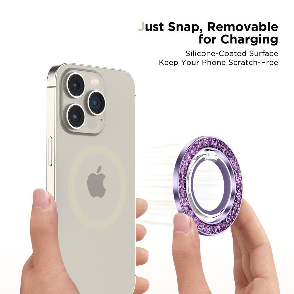 Uchwyt ring magnetyczny do smartfona na palec MagSafe – fioletowy z kryształkami