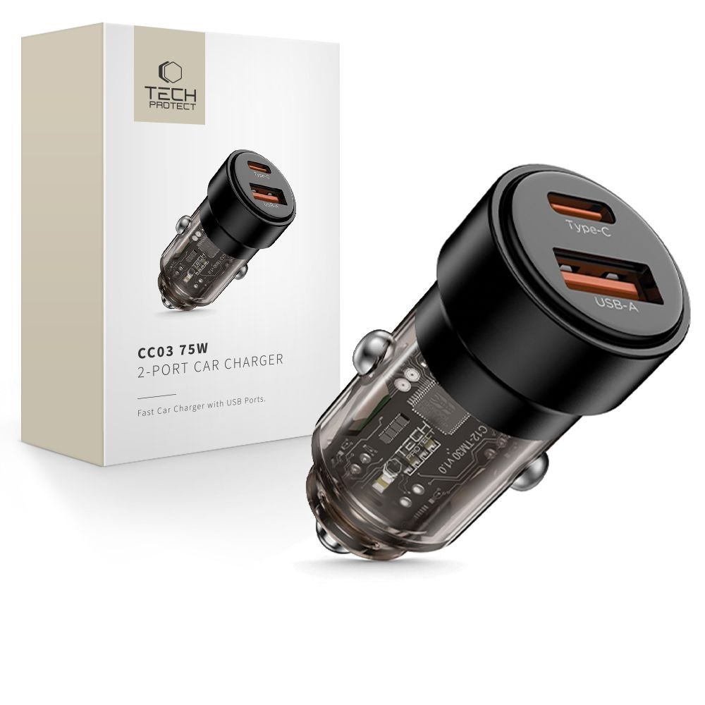 Ładowarka samochodowa USB-A USB-C CC03 PD 75W – czarna Ładowarka samochodowa USB-A USB-C CC03 PD 75W – czarna
