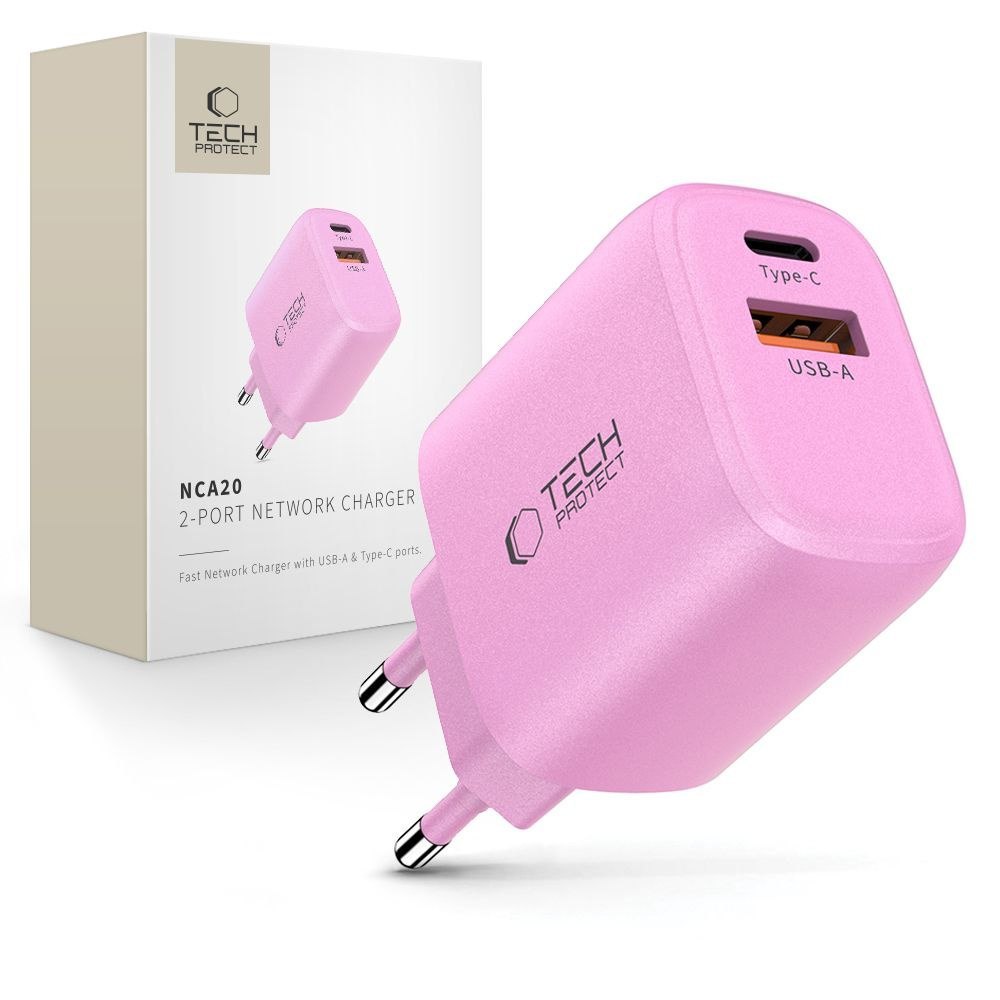 Ładowarka sieciowa USB-A USB-C NCA20 PD QC 20W – różowa