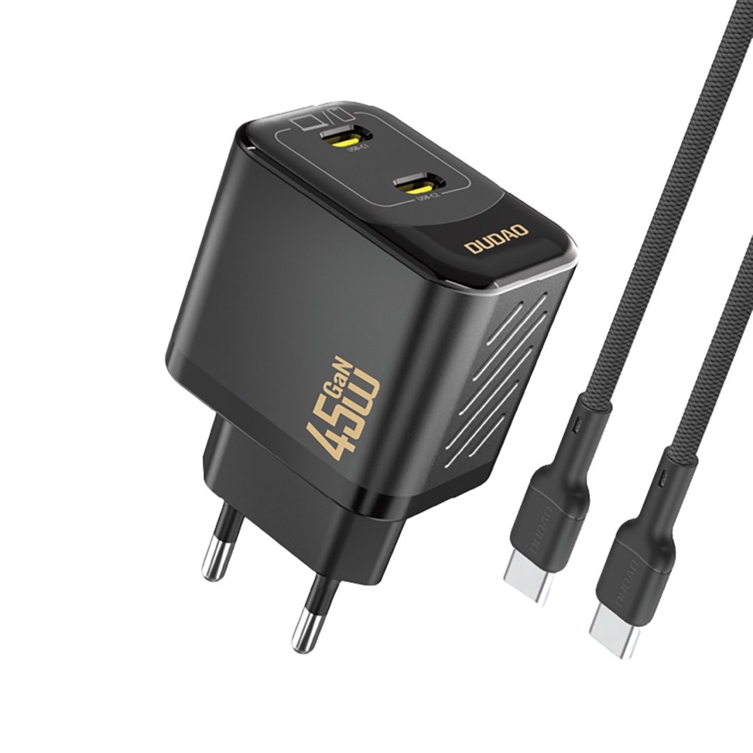 Ładowarka sieciowa 2xUSB-C z kablem USB-C GaN PD 45W – czarna