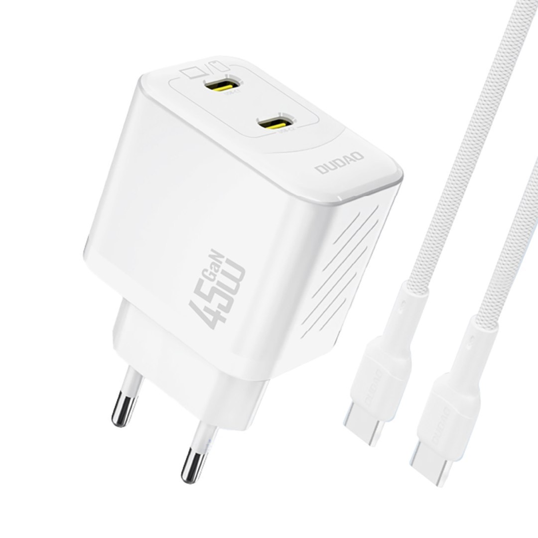 Ładowarka sieciowa 2xUSB-C z kablem USB-C GaN PD 45W – biała