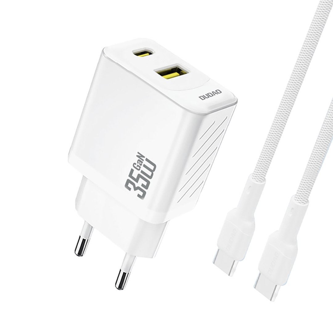 Ładowarka sieciowa USB-A USB-C z kablem USB-C PD QC 35W – biała Ładowarka sieciowa USB-A USB-C z kablem USB-C PD QC 35W – biała