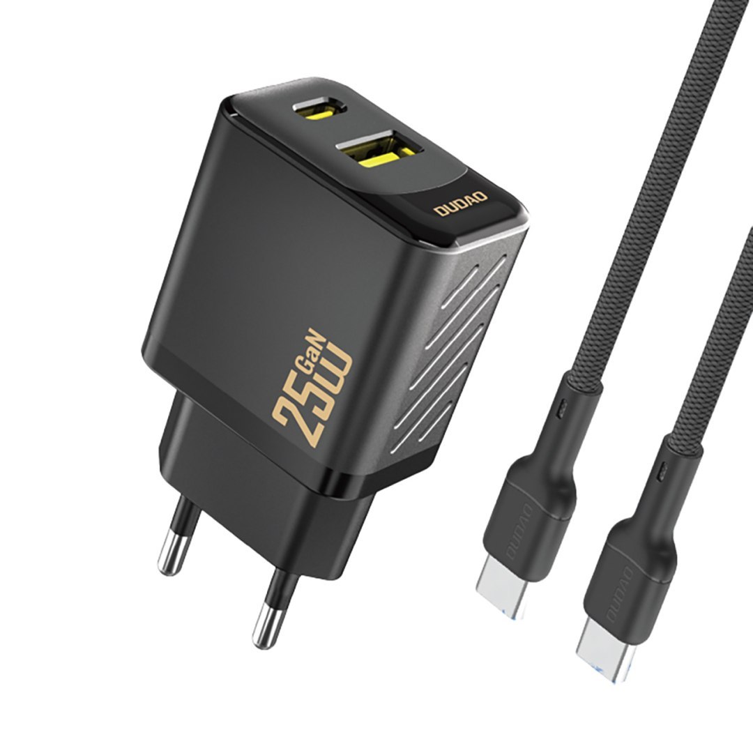 Ładowarka sieciowa USB-A USB-C z kablem USB-C GaN PD QC 25W – czarna