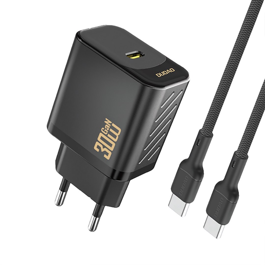 Ładowarka sieciowa USB-C z kablem USB-C GaN PD 30W – czarna