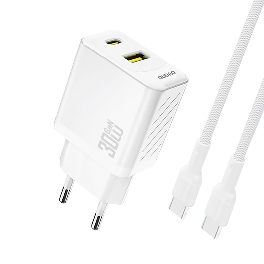 Ładowarka sieciowa USB-A USB-C z kablem USB-C GaN PD 30W – biała