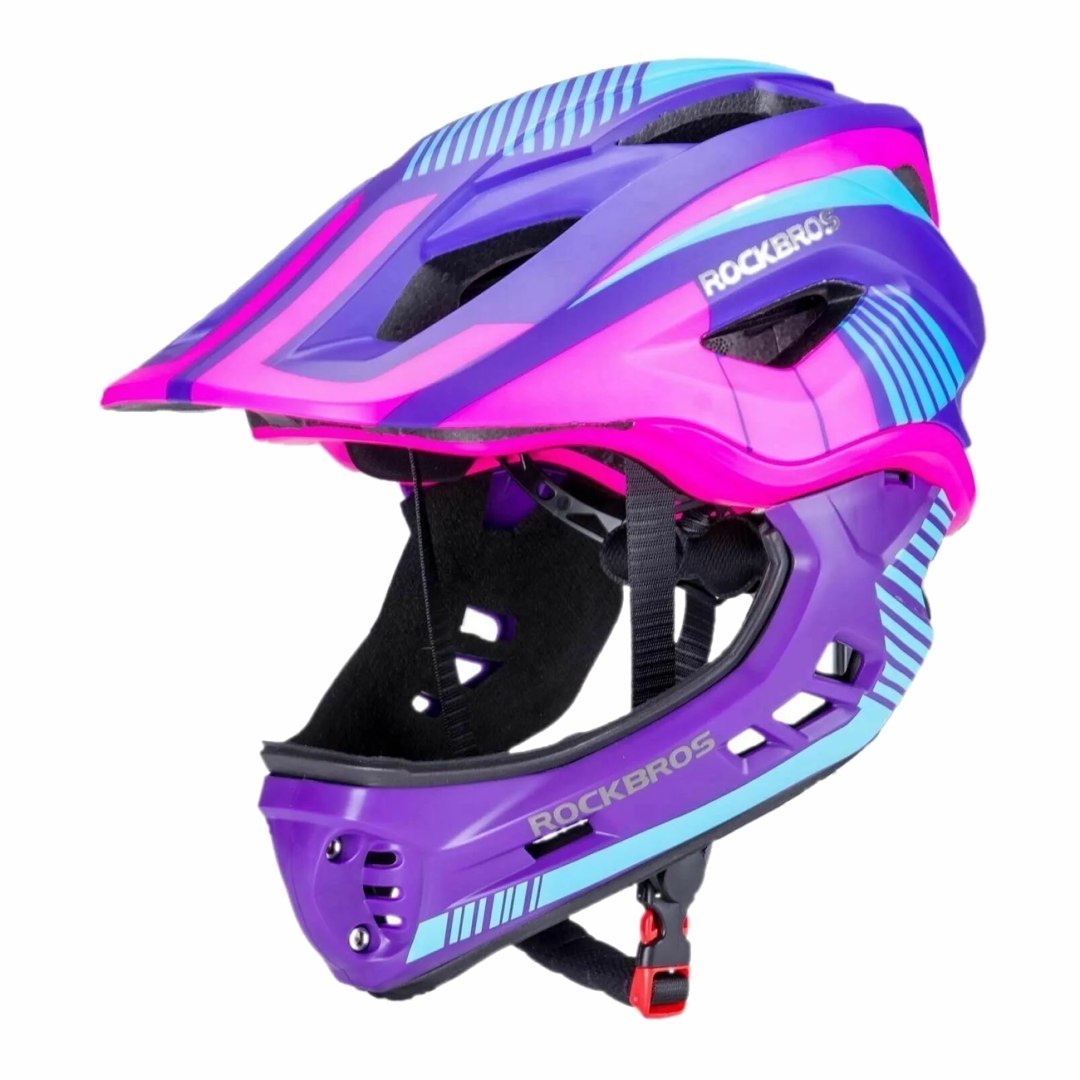 Kask rowerowy dziecięcy z odpinaną szczęką rozmiar M – fioletowo-różowy