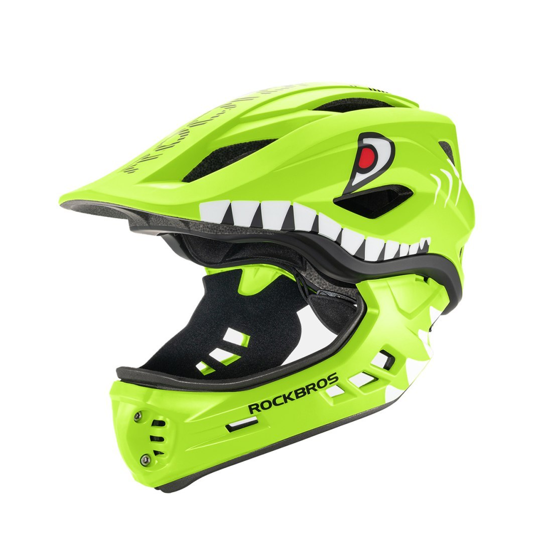 Kask rowerowy dziecięcy z odpinaną szczęką rozmiar S 48-52cm – zielony rekin
