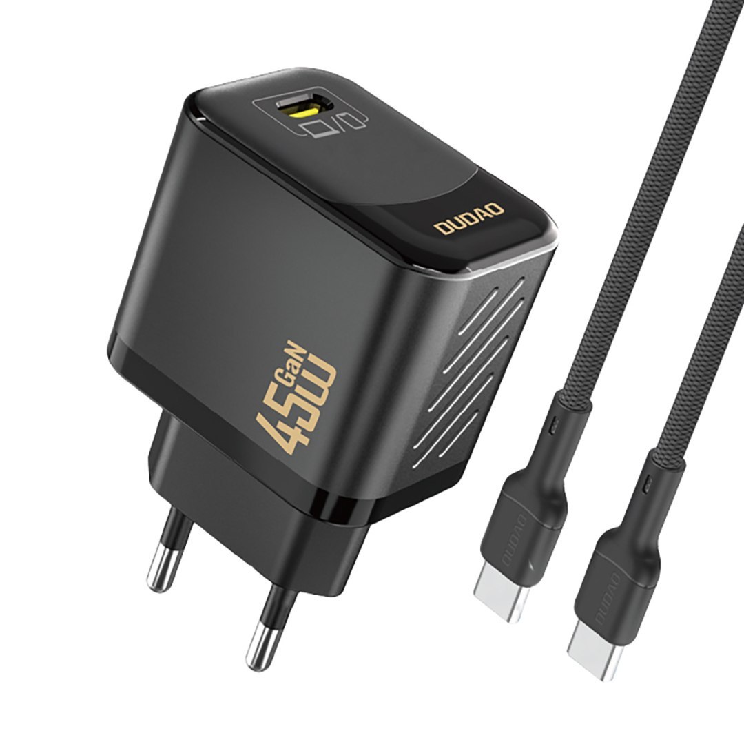 Ładowarka sieciowa GaN z kablem USB-C 45W – czarna