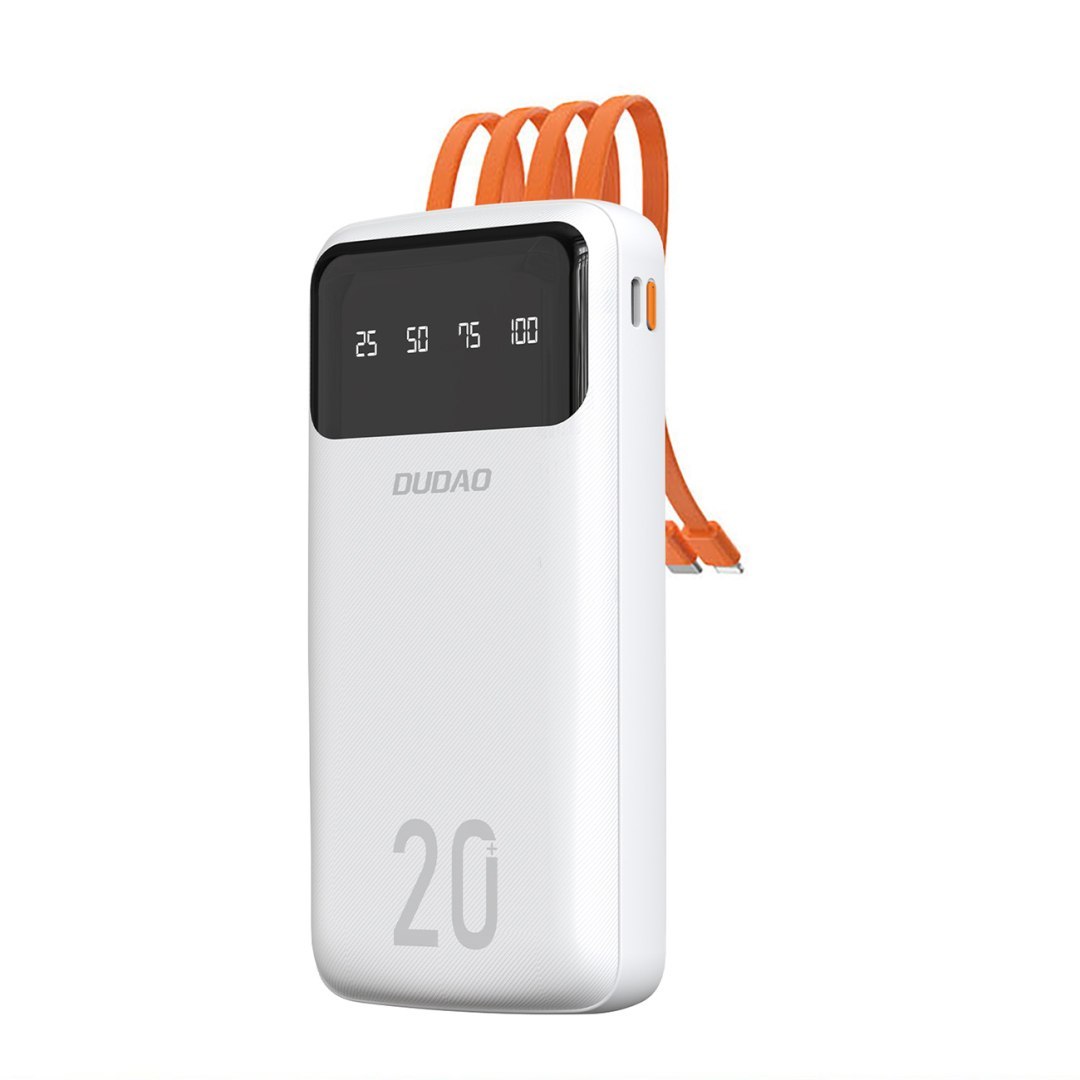 Powerbank K6Pro+ 20000mAh z wbudowanymi kablami USB-C microUSB iPhone Lightning – biały Powerbank K6Pro+ 20000mAh z wbudowanymi kablami USB-C microUSB iPhone Lightning – biały