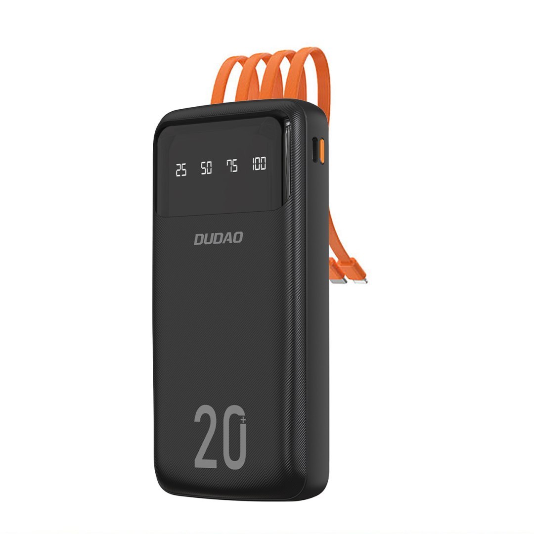 Powerbank K6Pro+ 20000mAh z wbudowanymi kablami USB-C microUSB iPhone Lightning – czarny Powerbank K6Pro+ 20000mAh z wbudowanymi kablami USB-C microUSB iPhone Lightning – czarny